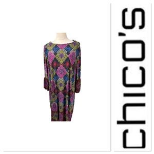 Chico’s colorful medallion print dress 3/4 length  bell sleeves size 4-XXL/20